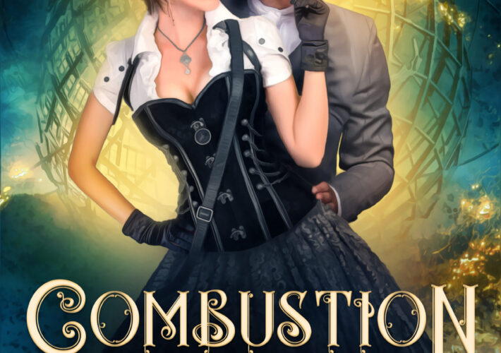 Combustion cover, which includes two hot people in a clinch, gears, and a very steampunk aesthetic