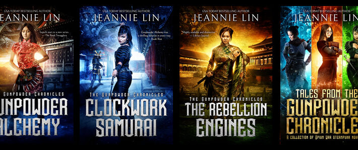 Gunpowder Chronicles: 4 Chinese steampunk book covers depecting strong women with imperial China backdrop