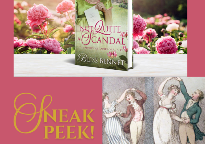 Sneak Peek: Not Quite a Scandal book cover, and picture of Regency couples dancing the waltz