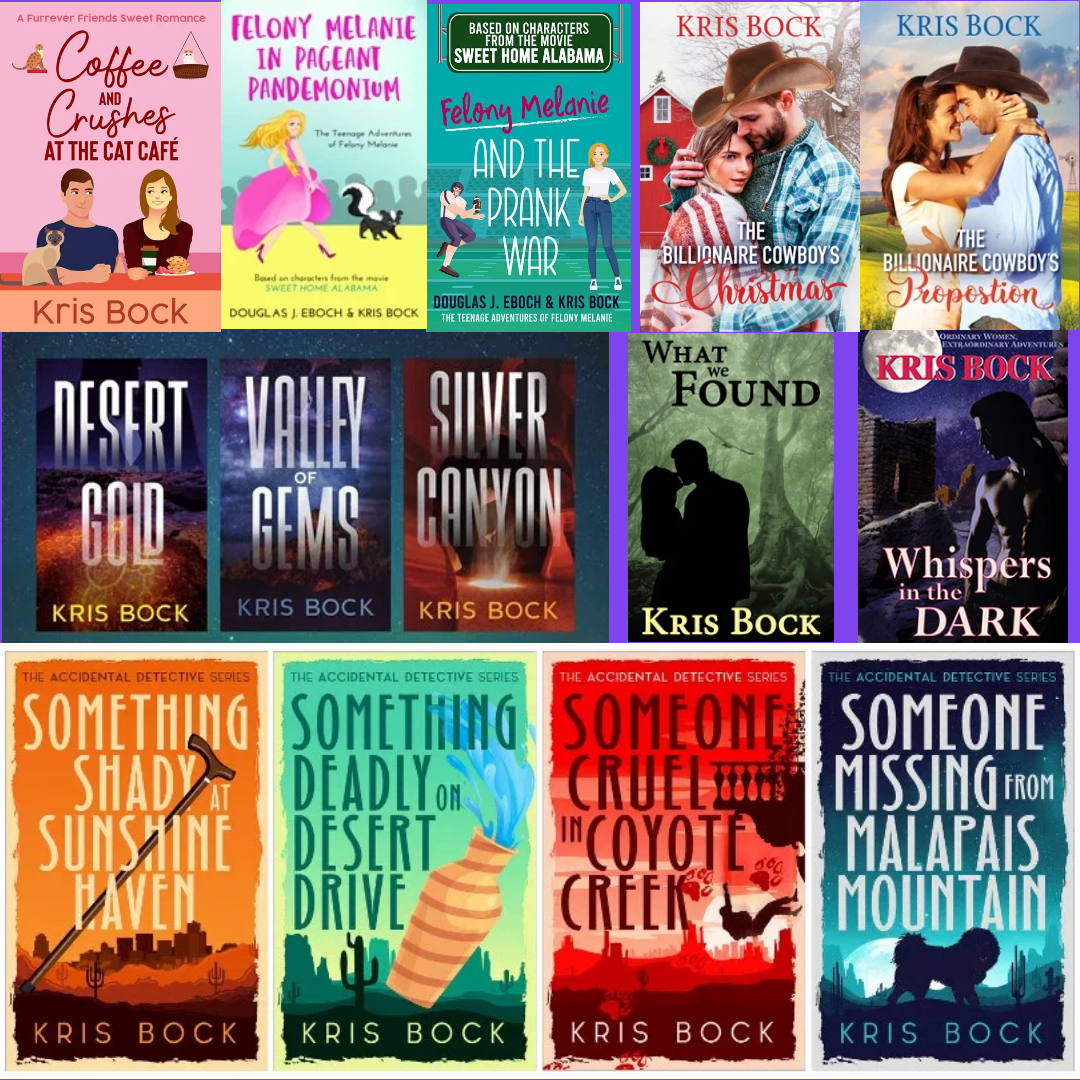 A group of book covers with romance, mystery, and romantic suspense titles by Kris Bock.